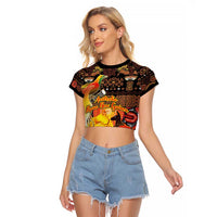 Personalized Australia and Papua New Guinea Together Raglan Cropped T Shirt Kangaroo Aboriginal Art and Bird-of-paradise Oro Tribal Motifs LT03 Female Black - Polynesian Pride