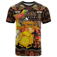 Personalized Australia and Papua New Guinea Together T Shirt Kangaroo Aboriginal Art and Bird-of-paradise Oro Tribal Motifs LT03 Black - Polynesian Pride