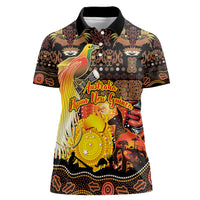 Personalized Australia and Papua New Guinea Together Women Polo Shirt Kangaroo Aboriginal Art and Bird-of-paradise Oro Tribal Motifs LT03 Female Black - Polynesian Pride