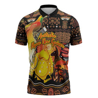 Personalized Australia and Papua New Guinea Together Zipper Polo Shirt Kangaroo Aboriginal Art and Bird-of-paradise Oro Tribal Motifs LT03 Black - Polynesian Pride