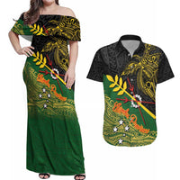 Personalized Chimpu Province Papua New Guinea Couples Matching Off Shoulder Maxi Dress and Hawaiian Shirt Bird-of-paradise Art Tattoo and Melanesian Motifs LT03 Black - Polynesian Pride