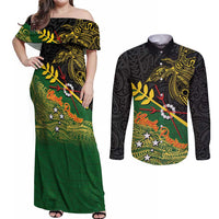 Personalized Chimpu Province Papua New Guinea Couples Matching Off Shoulder Maxi Dress and Long Sleeve Button Shirt Bird-of-paradise Art Tattoo and Melanesian Motifs LT03 Black - Polynesian Pride
