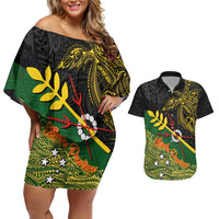 Personalized Chimpu Province Papua New Guinea Couples Matching Off Shoulder Short Dress and Hawaiian Shirt Bird-of-paradise Art Tattoo and Melanesian Motifs LT03 Black - Polynesian Pride