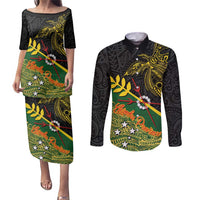 Personalized Chimpu Province Papua New Guinea Couples Matching Puletasi and Long Sleeve Button Shirt Bird-of-paradise Art Tattoo and Melanesian Motifs LT03 Black - Polynesian Pride