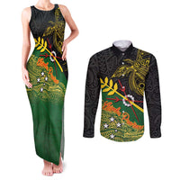 Personalized Chimpu Province Papua New Guinea Couples Matching Tank Maxi Dress and Long Sleeve Button Shirt Bird-of-paradise Art Tattoo and Melanesian Motifs LT03 Black - Polynesian Pride