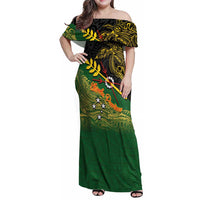 Personalized Chimpu Province Papua New Guinea Family Matching Off Shoulder Maxi Dress and Hawaiian Shirt Bird-of-paradise Art Tattoo and Melanesian Motifs LT03 Mom's Dress Black - Polynesian Pride