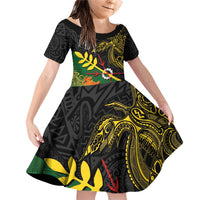 Personalized Chimpu Province Papua New Guinea Family Matching Off Shoulder Short Dress and Hawaiian Shirt Bird-of-paradise Art Tattoo and Melanesian Motifs LT03 Daughter's Dress Black - Polynesian Pride