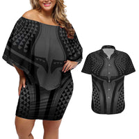 Hawaiian Kakau Art Tattoos Aquaman Style Couples Matching Off Shoulder Short Dress and Hawaiian Shirt Special Edition LT03 Black - Polynesian Pride
