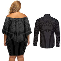 Hawaiian Kakau Art Tattoos Aquaman Style Couples Matching Off Shoulder Short Dress and Long Sleeve Button Shirt Black Version - Polynesian Pride