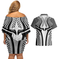 Hawaiian Kakau Art Tattoos Aquaman Style Couples Matching Off Shoulder Short Dress and Hawaiian Shirt White Version LT03 - Polynesian Pride