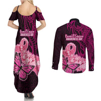 Polynesia Breast Cancer Couples Matching Summer Maxi Dress and Long Sleeve Button Shirts Butterfly and Flowers Ribbon Maori Tattoo Ethnic Black Style LT03 - Polynesian Pride