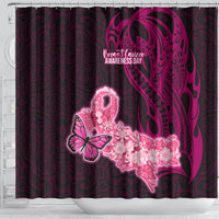 Polynesia Breast Cancer Shower Curtain Butterfly and Flowers Ribbon Maori Tattoo Ethnic Black Style LT03 - Polynesian Pride