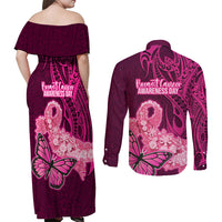 Polynesia Breast Cancer Couples Matching Off Shoulder Maxi Dress and Long Sleeve Button Shirts Butterfly and Flowers Ribbon Maori Tattoo Ethnic Pink Style LT03 - Polynesian Pride