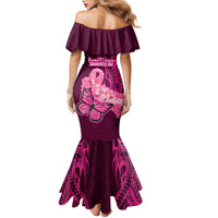 Polynesia Breast Cancer Family Matching Mermaid Dress and Hawaiian Shirt Butterfly and Flowers Ribbon Maori Tattoo Ethnic Pink Style LT03 - Polynesian Pride
