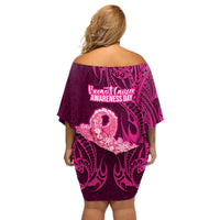 Polynesia Breast Cancer Off Shoulder Short Dress Butterfly and Flowers Ribbon Maori Tattoo Ethnic Pink Style LT03 - Polynesian Pride