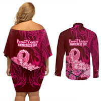 Polynesia Breast Cancer Couples Matching Off Shoulder Short Dress and Long Sleeve Button Shirts Butterfly and Flowers Ribbon Maori Tattoo Ethnic Red Style LT03 - Polynesian Pride