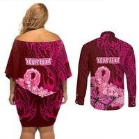 Custom Polynesia Breast Cancer Couples Matching Off Shoulder Short Dress and Long Sleeve Button Shirts Butterfly and Flowers Ribbon Maori Tattoo Ethnic Red Style LT03 - Polynesian Pride