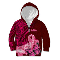 Custom Polynesia Breast Cancer Kid Hoodie Butterfly and Flowers Ribbon Maori Tattoo Ethnic Red Style LT03 - Polynesian Pride