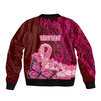 Custom Polynesia Breast Cancer Sleeve Zip Bomber Jacket Butterfly and Flowers Ribbon Maori Tattoo Ethnic Red Style LT03 - Polynesian Pride