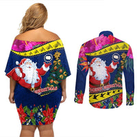 Cook Island Christmas Couples Matching Off Shoulder Short Dress and Long Sleeve Button Shirt Santa Claus Mix Maroro and Kakaia Hibiscus Flower Maori Pattern LT03 - Polynesian Pride
