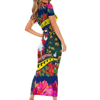 Cook Island Christmas Short Sleeve Bodycon Dress Santa Claus Mix Maroro and Kakaia Hibiscus Flower Maori Pattern LT03 - Polynesian Pride