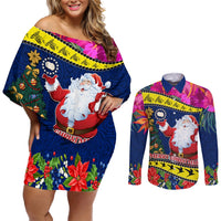Personalised Cook Island Christmas Couples Matching Off Shoulder Short Dress and Long Sleeve Button Shirt Santa Claus Mix Maroro and Kakaia Hibiscus Flower Maori Pattern LT03 Blue - Polynesian Pride