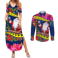 Personalised Cook Island Christmas Couples Matching Summer Maxi Dress and Long Sleeve Button Shirt Santa Claus Mix Maroro and Kakaia Hibiscus Flower Maori Pattern LT03 Blue - Polynesian Pride