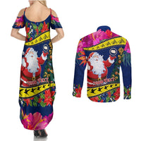 Personalised Cook Island Christmas Couples Matching Summer Maxi Dress and Long Sleeve Button Shirt Santa Claus Mix Maroro and Kakaia Hibiscus Flower Maori Pattern LT03 - Polynesian Pride