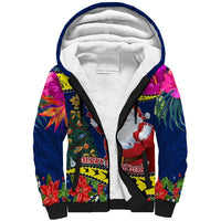 Personalised Cook Island Christmas Sherpa Hoodie Santa Claus Mix Maroro and Kakaia Hibiscus Flower Maori Pattern LT03 Unisex Blue - Polynesian Pride