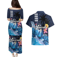 Hawaiian Honu Honi Ihu Couples Matching Puletasi and Hawaiian Shirt With Plumeria and Kakau Art Pattern