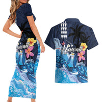 Hawaiian Honu Honi Ihu Couples Matching Short Sleeve Bodycon Dress and Hawaiian Shirt With Plumeria and Kakau Art Pattern LT03 - Polynesian Pride