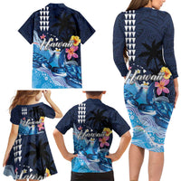 Hawaiian Honu Honi Ihu Family Matching Long Sleeve Bodycon Dress and Hawaiian Shirt With Plumeria and Kakau Art Pattern LT03 - Polynesian Pride