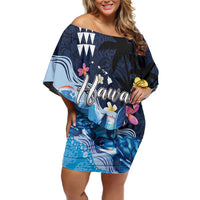 Hawaiian Honu Honi Ihu Family Matching Off Shoulder Short Dress and Hawaiian Shirt With Plumeria and Kakau Art Pattern LT03 Mom's Dress Dark Blue - Polynesian Pride