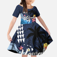 Hawaiian Honu Honi Ihu Family Matching Summer Maxi Dress and Hawaiian Shirt With Plumeria and Kakau Art Pattern LT03 Daughter's Dress Dark Blue - Polynesian Pride