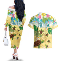 Aloha Turtle Family on The Beach Couples Matching Off The Shoulder Long Sleeve Dress and Hawaiian Shirt with Hawaiian Colorful Plumeria