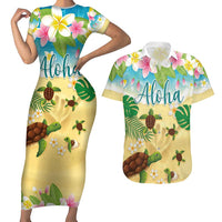 Aloha Turtle Family on The Beach Couples Matching Short Sleeve Bodycon Dress and Hawaiian Shirt with Hawaiian Colorful Plumeria LT03 Beige - Polynesian Pride
