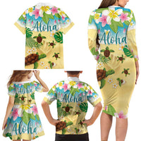 Aloha Turtle Family on The Beach Family Matching Long Sleeve Bodycon Dress and Hawaiian Shirt with Hawaiian Colorful Plumeria LT03 - Polynesian Pride