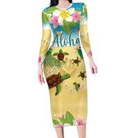 Aloha Turtle Family on The Beach Family Matching Long Sleeve Bodycon Dress and Hawaiian Shirt with Hawaiian Colorful Plumeria LT03 Mom's Dress Beige - Polynesian Pride