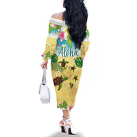 Aloha Turtle Family on The Beach Family Matching Off The Shoulder Long Sleeve Dress and Hawaiian Shirt with Hawaiian Colorful Plumeria LT03 - Polynesian Pride