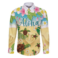 Aloha Turtle Family on The Beach Family Matching Off Shoulder Maxi Dress and Hawaiian Shirt with Hawaiian Colorful Plumeria LT03 Dad's Shirt - Long Sleeve Beige - Polynesian Pride