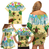 Aloha Turtle Family on The Beach Family Matching Off Shoulder Short Dress and Hawaiian Shirt with Hawaiian Colorful Plumeria LT03 - Polynesian Pride