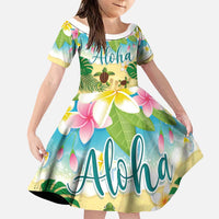 Aloha Turtle Family on The Beach Family Matching Puletasi and Hawaiian Shirt with Hawaiian Colorful Plumeria LT03 Daughter's Dress Beige - Polynesian Pride