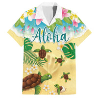 Aloha Turtle Family on The Beach Family Matching Short Sleeve Bodycon Dress and Hawaiian Shirt with Hawaiian Colorful Plumeria