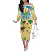 Aloha Turtle Family on The Beach Off The Shoulder Long Sleeve Dress with Hawaiian Colorful Plumeria LT03 Women Beige - Polynesian Pride