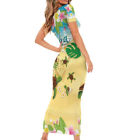 Aloha Turtle Family on The Beach Short Sleeve Bodycon Dress with Hawaiian Colorful Plumeria LT03 - Polynesian Pride