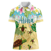 Aloha Turtle Family on The Beach Women Polo Shirt with Hawaiian Colorful Plumeria LT03 Female Beige - Polynesian Pride