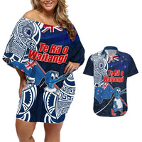 New Zealand Waitangi Couples Matching Off Shoulder Short Dress and Hawaiian Shirt Te Ra O Waitangi Maori Kiwis Bird LT03 Blue - Polynesian Pride