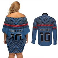 Custom Toa Samoa Rugby Couples Matching Off Shoulder Short Dress and Long Sleeve Button Shirt Samoan Warrior Ula Fala Tribal Pattern LT03 - Polynesian Pride