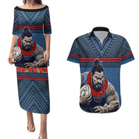 Custom Toa Samoa Rugby Couples Matching Puletasi and Hawaiian Shirt Samoan Warrior Ula Fala Tribal Pattern LT03 Blue - Polynesian Pride