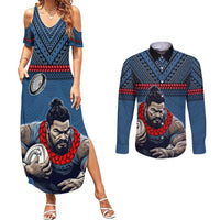 Custom Toa Samoa Rugby Couples Matching Summer Maxi Dress and Long Sleeve Button Shirt Samoan Warrior Ula Fala Tribal Pattern LT03 Blue - Polynesian Pride